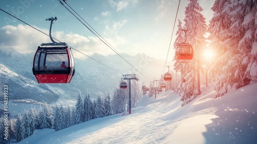  Winter mountain scene with bright red cable cars gliding over snowy slopes. The landscape features frost-covered pines, powdery snow, and a backdrop of sunlit peaks, evoking the charm of a ski resort