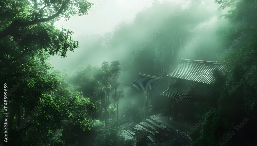 Fototapeta premium Aerial shot of Arashiyama Bamboo Grove in Kyoto, with soft green hues and a mystical tone, in 4K resolution