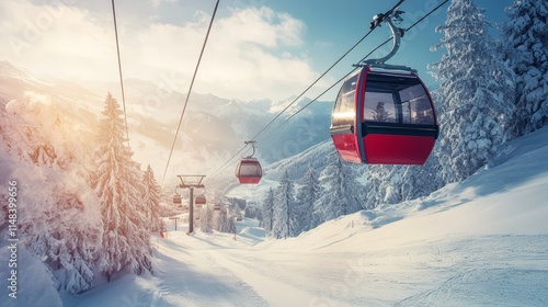 Scenic winter landscape with red cable cars moving over a snow-covered mountain slope. Surrounded by snow-laden pine trees and majestic peaks, the image captures a peaceful alpine setting under soft s photo