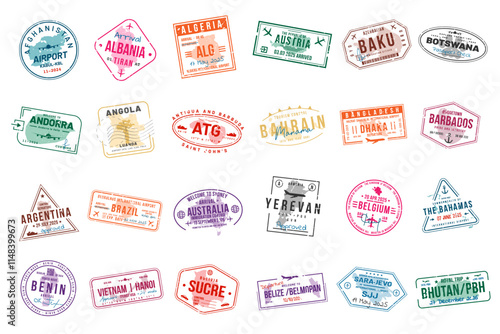 Collection of travel visa stamps for passports. Abstract stamps from international and immigration offices. Arrival and departure visa stamps for customs to the country. Vector