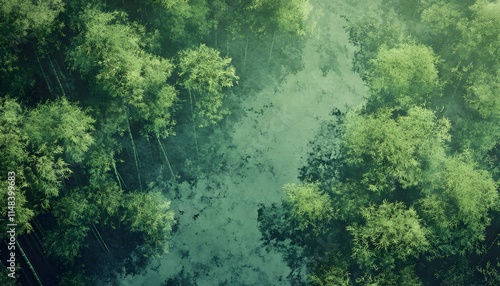 Aerial shot of Arashiyama Bamboo Grove in Kyoto, with soft green hues and a mystical tone, in 4K resolution photo