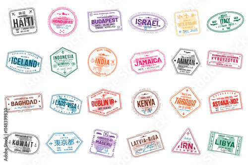 Collection of travel visa stamps for passports. Abstract stamps from international and immigration offices. Arrival and departure visa stamps for customs to the country. Vector