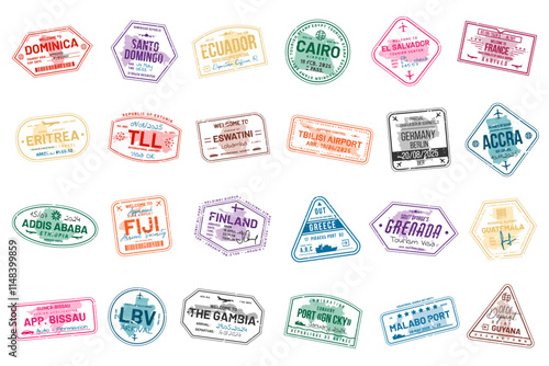 Collection of travel visa stamps for passports. Abstract stamps from international and immigration offices. Arrival and departure visa stamps for customs to the country. Vector