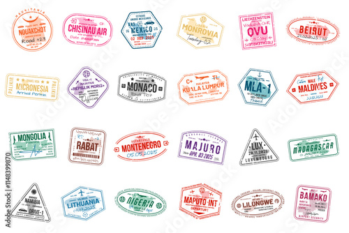 Collection of travel visa stamps for passports. Abstract stamps from international and immigration offices. Arrival and departure visa stamps for customs to the country. Vector
