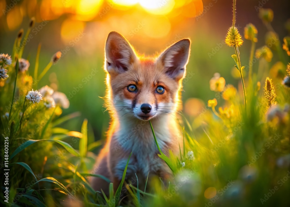 Surreal Sunset Aerial: Red Fox Cub Spring Meadow Delaware Surreal Sunset Aerial: Red Fox Cub Spring Meadow Delaware