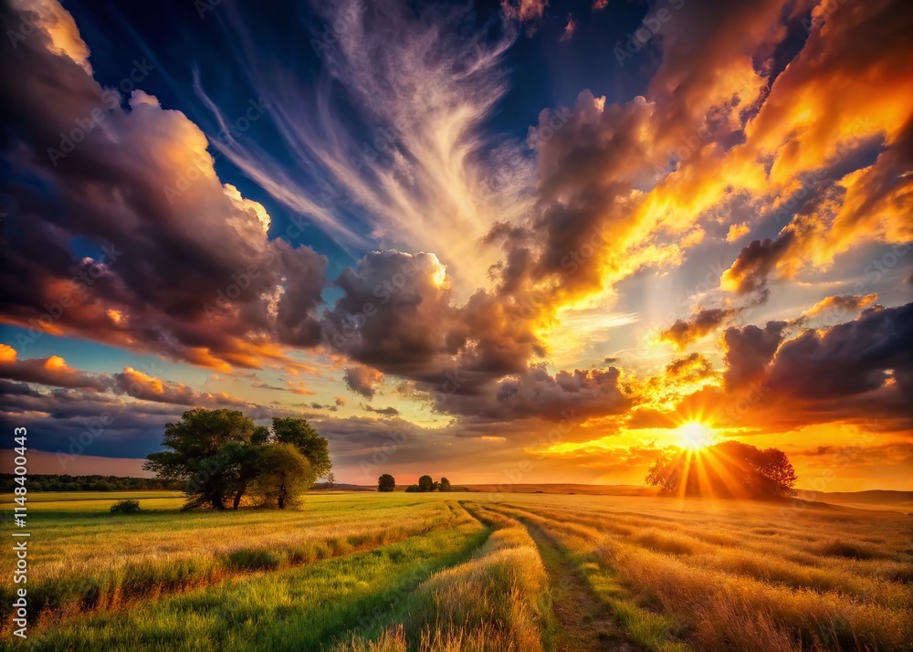 Fototapeta premium Surreal Sunset Field Photography: Dreamlike Golden Hour Landscape, Magical Sky, Fantasy Nature