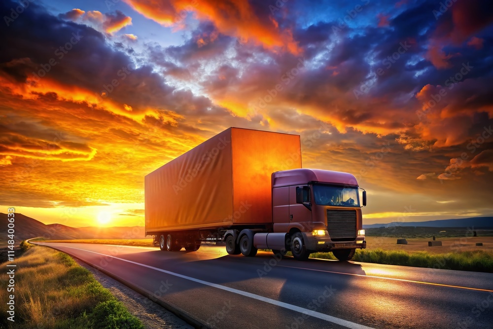 Surreal Sunset Semi Truck Orange Cargo - Dramatic Cloud Sky Photography Surreal Sunset Semi Truck Orange Cargo - Dramatic Cloud Sky Photography