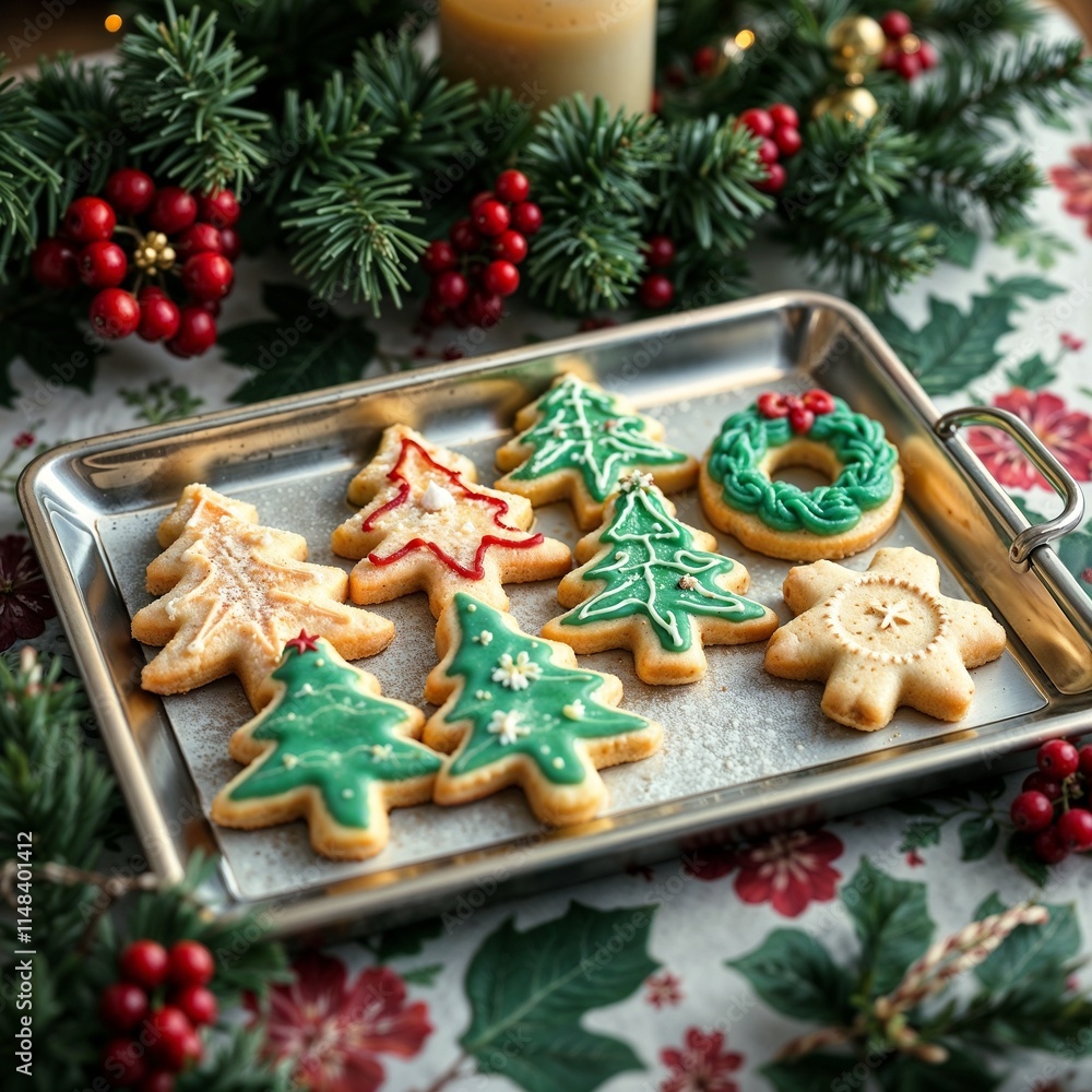 Spritz cookies, Festively decorated Spritz cookies shaped like Christmas trees and stars on a tray for holiday baking Spritz cookies, Festively decorated Spritz cookies shaped like Christmas trees and stars on a tray for holiday baking