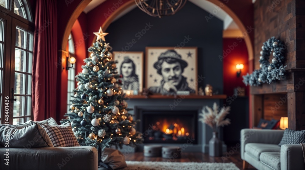 Fototapeta premium Christmas and New Year in monochrome, Elegant monochrome Christmas setting with a beautifully decorated tree and artistic wall art in a cozy living room 