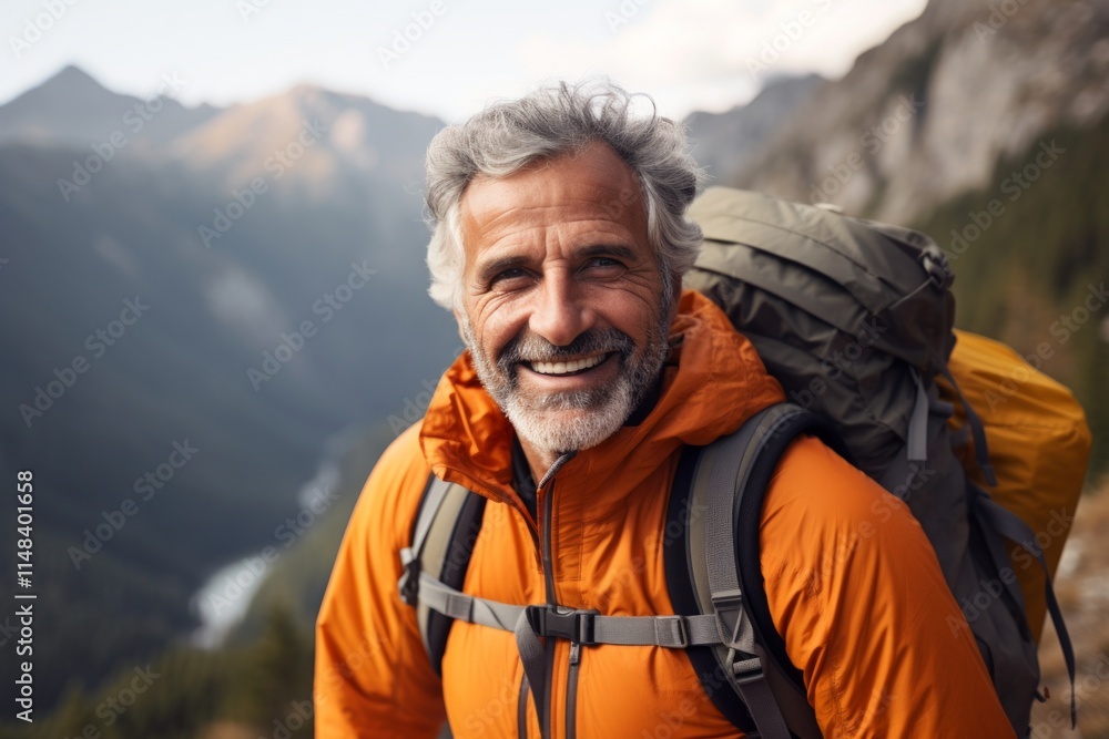 Portrait of a smiling senior man with a backpack standing in the mountains. Portrait of a smiling senior man with a backpack standing in the mountains.