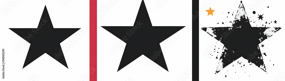 Fototapeta premium Abstract Star Illustration, Graphic Design Elements with Black Stars on White Background, featuring Variations in Style and Texture
