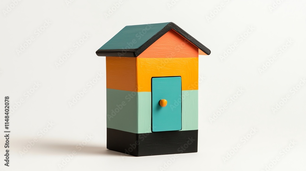 A colorful, stylized wooden house model featuring a blue door, with bright orange, green, and black sections, set against a plain background. A colorful, stylized wooden house model featuring a blue door, with bright orange, green, and black sections, set against a plain background.