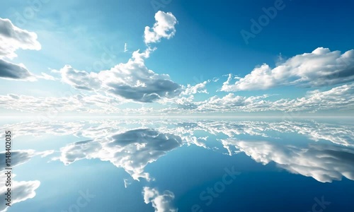 Tranquil blue sky with white clouds reflecting on water