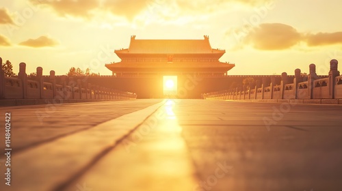 Front view of the Tiananmen Gate glowing under soft golden sunlight, with a strong and symbolic atmosphere, in 4K resolution