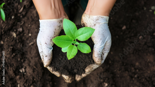 Hands planting a young green seedling in rich soil photo