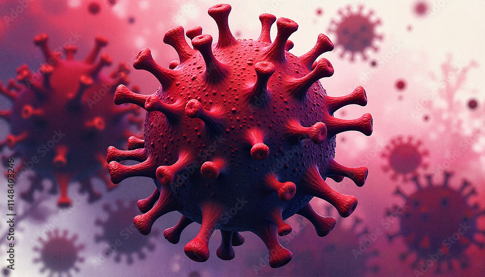 Microscopic view of a red virus structure with spikes on a colorful background for scientific studies Microscopic view of a red virus structure with spikes on a colorful background for scientific studies