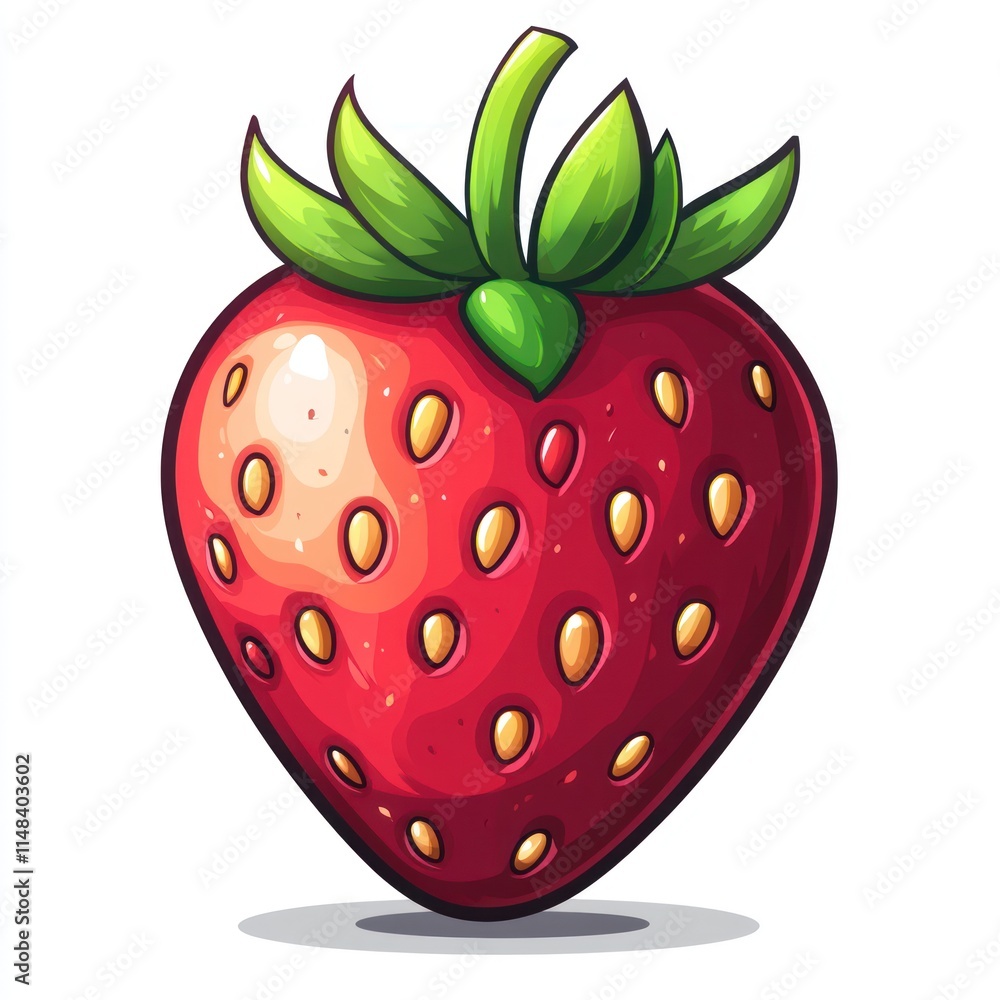 Obraz premium Single juicy red strawberry with green leaves.