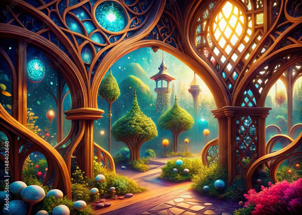 Obraz premium Surreal Wooden Lattice Cartoon Art, Fantasy Wooden Grid, Whimsical Lattice Illustration, Dreamlike Cartoon Background