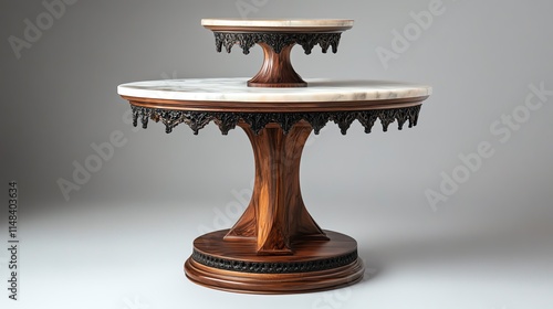 An elegant wooden cake stand with a marble top, perfect for displaying desserts at special occasions. photo