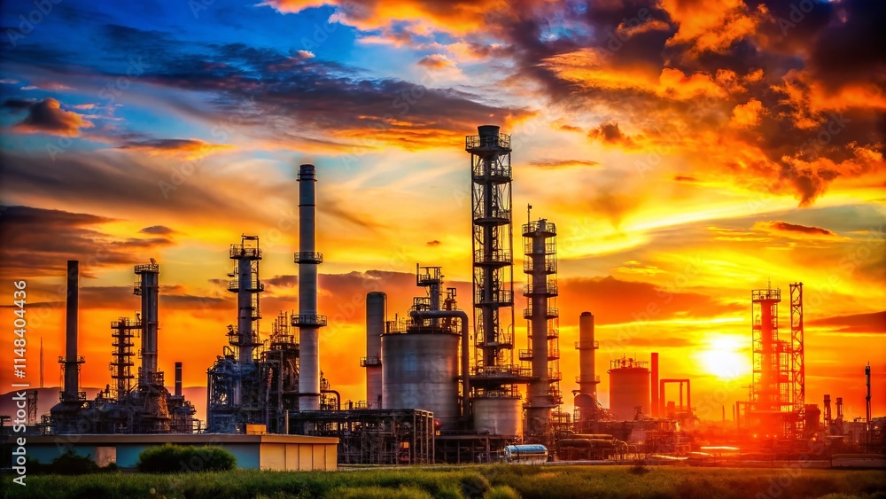 Sustainable Oil Refinery Sunrise Silhouette: Clean Energy, Eco-Friendly Oil Processing, Vibrant Dawn