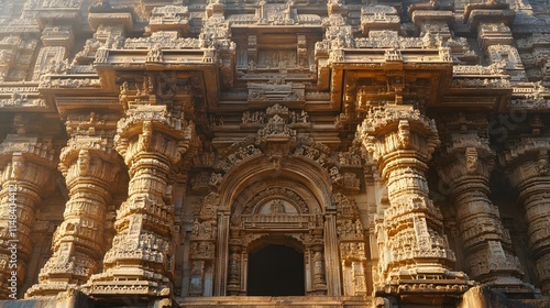 Front view of the Sun Temple in Konark, surrounded by intricate carvings glowing softly under the warm sunlight, in 4K resolution photo