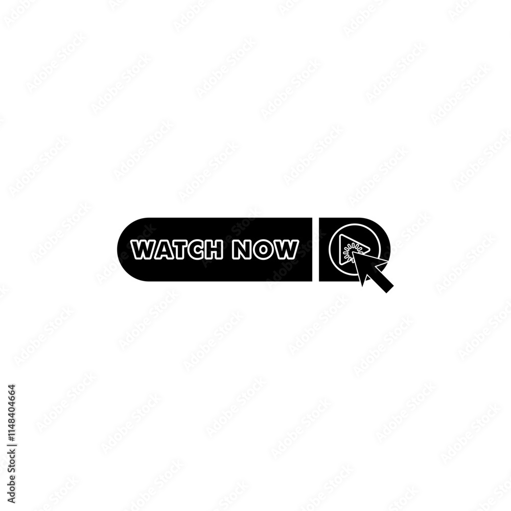 Cursor click with watch now button icon. Watch now video play button icon vector Cursor click with watch now button icon. Watch now video play button icon vector