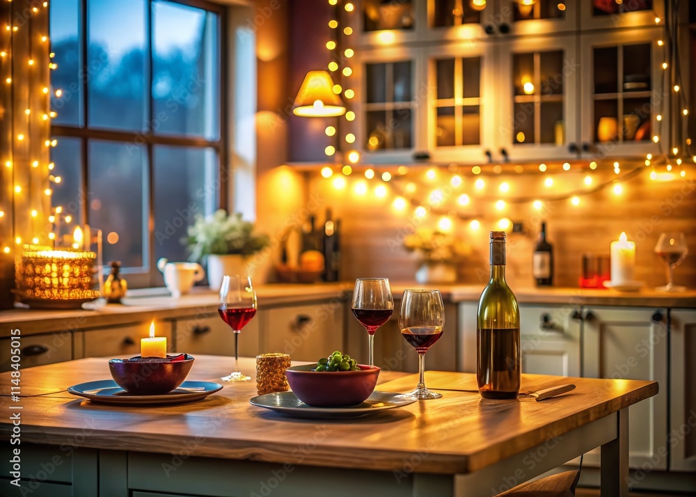 Sweet Kitchen Interior: Bokeh Photography, Table, Cupboard, Tableware, Wine Sweet Kitchen Interior: Bokeh Photography, Table, Cupboard, Tableware, Wine