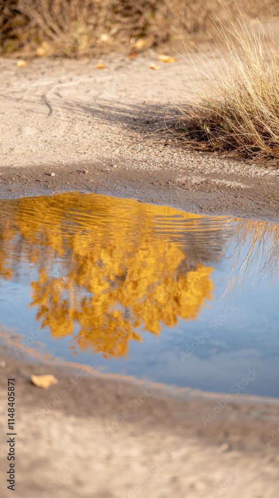 Autumn reflections of golden trees in a tranquil puddle natural landscape high-resolution textures serene environment Autumn reflections of golden trees in a tranquil puddle natural landscape high-resolution textures serene environment