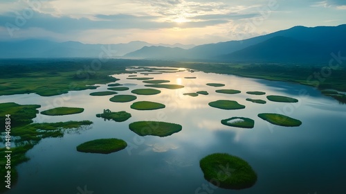 Aerial shot of the serene Loktak Lake in Manipur, with floating islands glowing under soft morning light, in 4K resolution