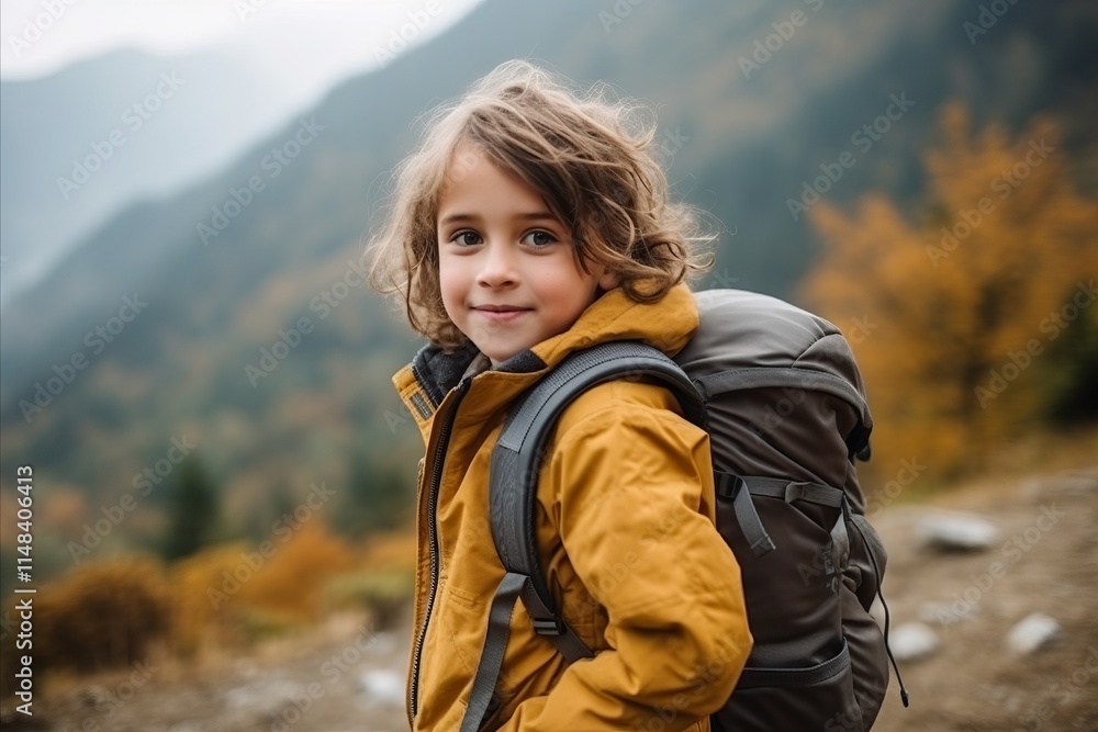 Portrait of a cute little girl with a backpack in the mountains Portrait of a cute little girl with a backpack in the mountains