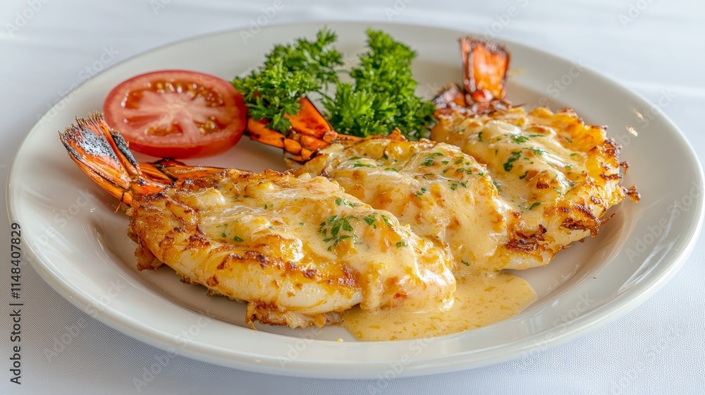 Close-Up of Three Succulent Broiled Lobster Tails with Garlic Butter, on a Pristine White Plate Close-Up of Three Succulent Broiled Lobster Tails with Garlic Butter, on a Pristine White Plate