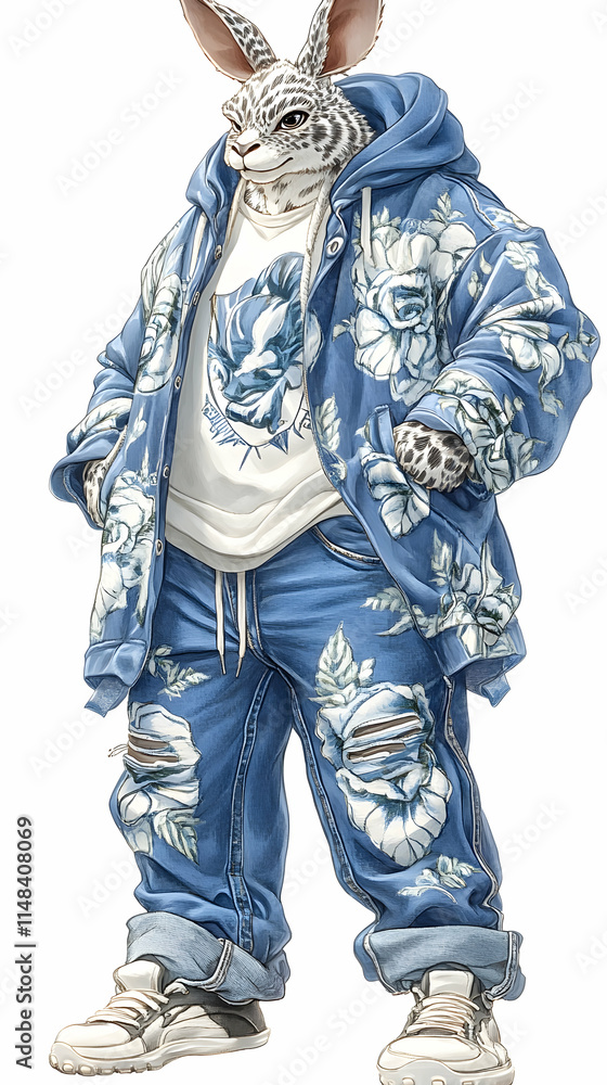 Anthropomorphic Rabbit in Floral Denim Outfit, Illustration of a Stylish Bunny Modeling Blue Jeans and Jacket Decorated with Roses, Standing Confidently. Anthropomorphic Rabbit in Floral Denim Outfit, Illustration of a Stylish Bunny Modeling Blue Jeans and Jacket Decorated with Roses, Standing Confidently.