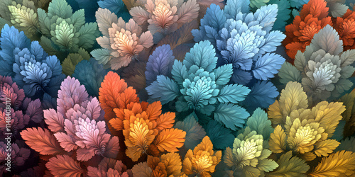 Abstract Floral Background,  Intricate design of colorful, stylized leaves forming a lush, textured pattern.