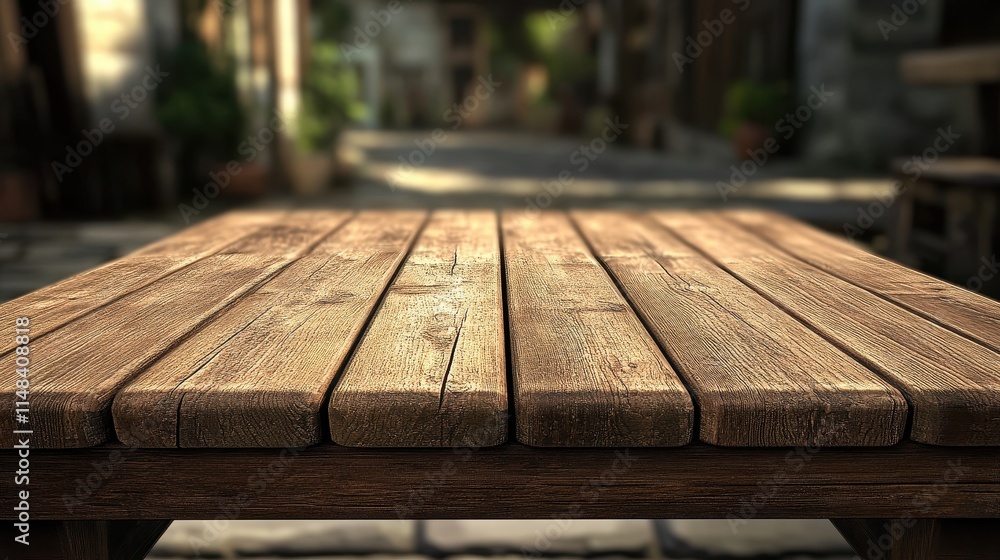 Rustic wooden table top, outdoors setting. Perfect for product displays or food photography. Rustic wooden table top, outdoors setting. Perfect for product displays or food photography.