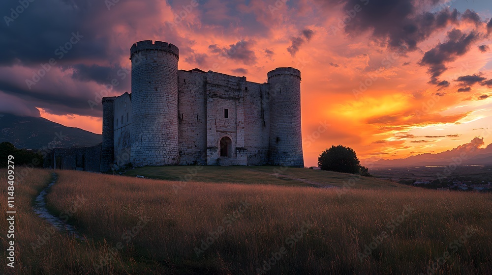 Front view of the medieval Castel del Monte, glowing softly under a dramatic twilight sky, in 4K resolution Front view of the medieval Castel del Monte, glowing softly under a dramatic twilight sky, in 4K resolution