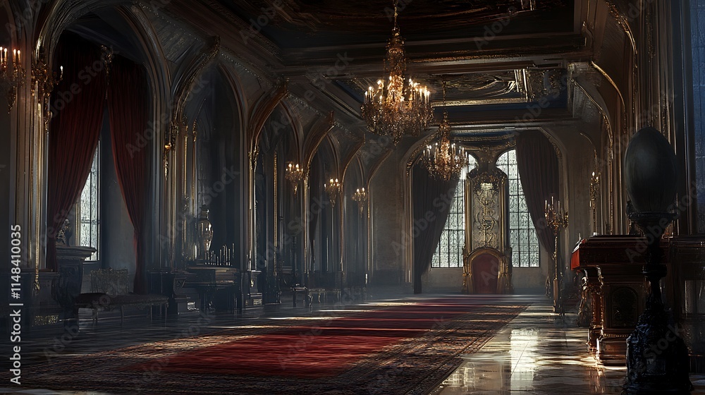 Obraz premium Grand Gothic Hallway With Ornate Chandeliers And Red Carpet