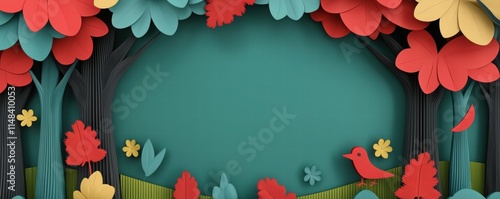 A vibrant, colorful paper-cut landscape featuring trees, flowers, and a playful bird, creating a whimsical forest scene.