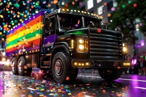 A 3D-rendered pride parade with a futuristic float, colorful confetti, and people joyfully celebrating under glowing rainbow lights photo