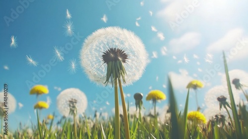 Dandelion seeds blowing in the wind on a sunny day.