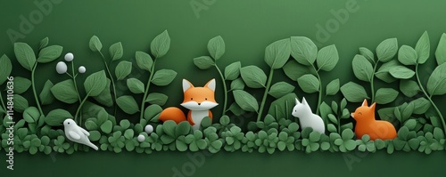 A whimsical illustration featuring foxes and rabbits among lush green foliage, creating a vibrant, playful woodland scene. photo