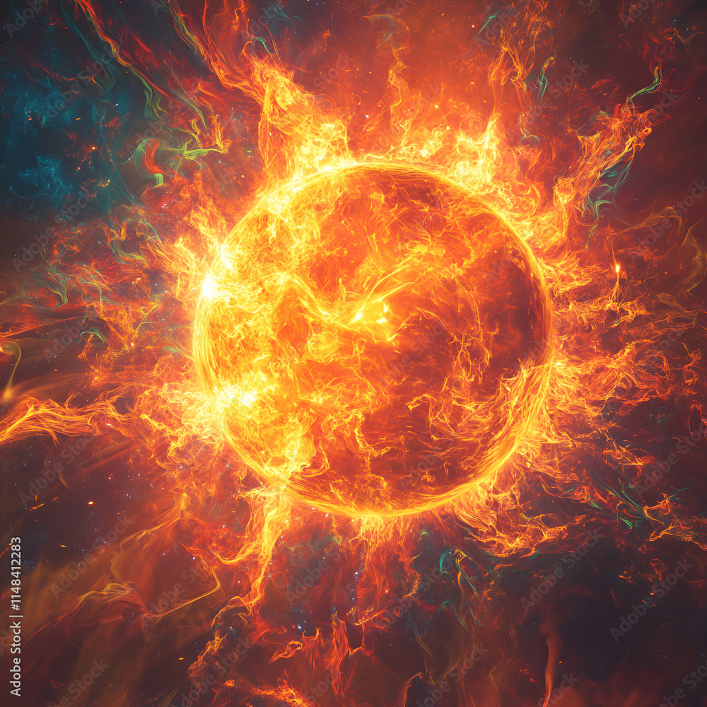 Fototapeta premium Fiery Celestial Orb, Abstract Background of an Intense Burning Star with Dynamic Flames and Cosmic Dust