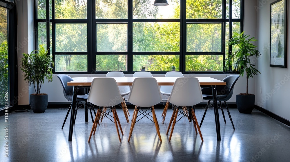 Modern office meeting room with large windows, wooden table, and white chairs. Modern office meeting room with large windows, wooden table, and white chairs.