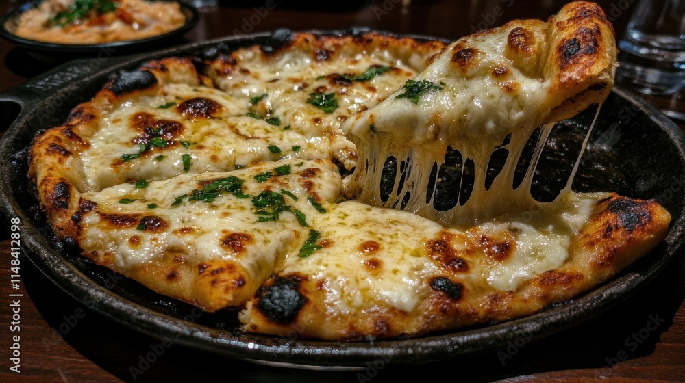 Delicious four-cheese pizza with melted mozzarella cheese being lifted from a cast iron skillet, showing stringy cheese. Delicious four-cheese pizza with melted mozzarella cheese being lifted from a cast iron skillet, showing stringy cheese.