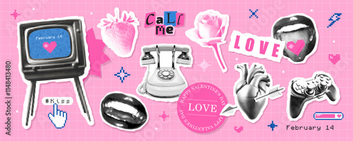 Set of retro elements for Valentines Day. Collection of halftone stickers , paper cut out design elements in Y2K style, modern romantic collage with pixel details. Trend vector pack