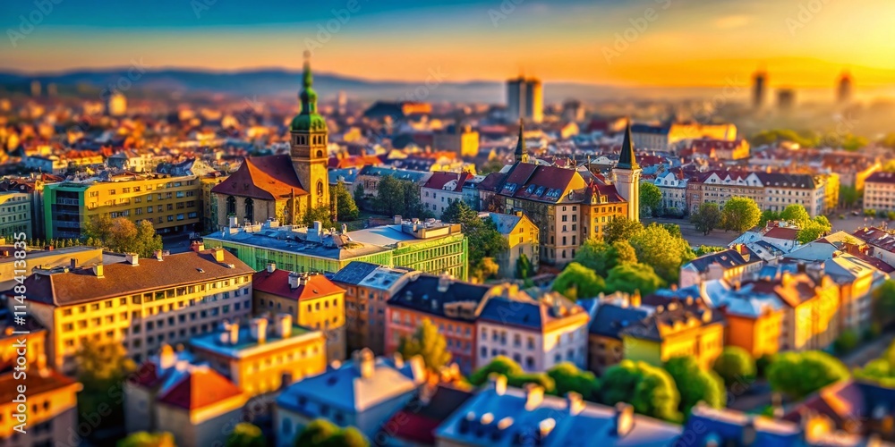 Fototapeta premium Tilt-Shift Miniature Cityscape: Extending Outwards, Urban Panorama, Aerial View, Small World Photography