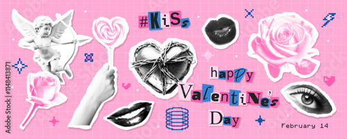 Set of retro elements for Valentines Day. Collection of halftone stickers , paper cut out design elements in Y2K style, modern romantic collage with pixel details. Trend vector pack