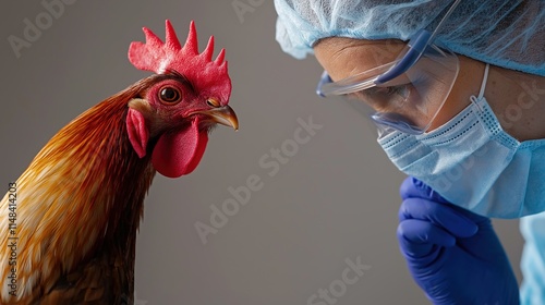 Fototapeta Naklejka Na Ścianę i Meble -  Veterinarian in protective gear carefully inspecting poultry, emphasizing health and safety in animal care.