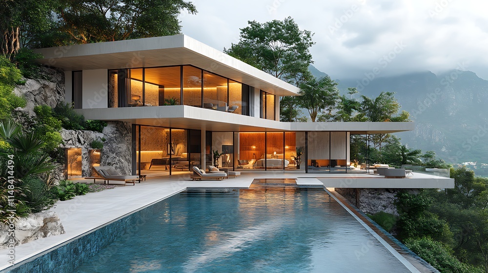 Obraz premium Serene natural surroundings enhance the luxury villa infinity pool and spectacular views wallpaper image