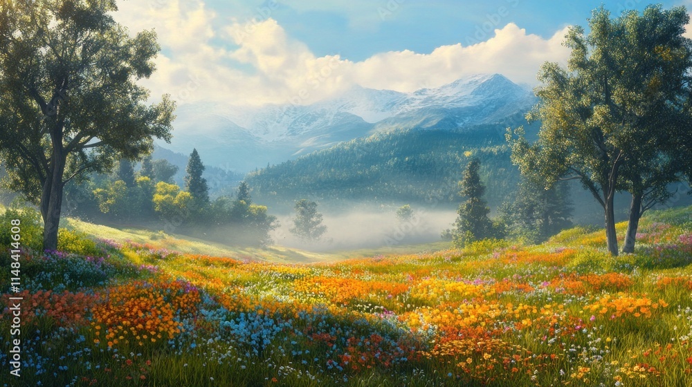 Sunlit mountain meadow with wildflowers, trees, and mist. Sunlit mountain meadow with wildflowers, trees, and mist.