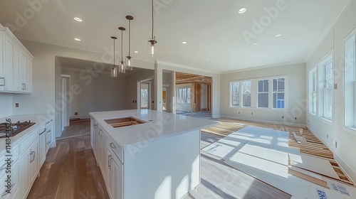 Modern kitchen island under construction, showcasing white cabinets and quartz countertop. Ideal for real estate, home improvement, and new construction projects. photo